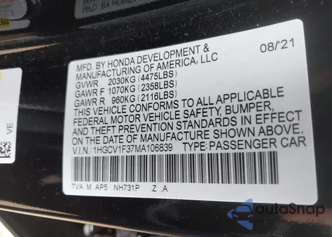 2021 Honda Accord Sport from USA, damaged, VIN 1HGCV1F37MA106839